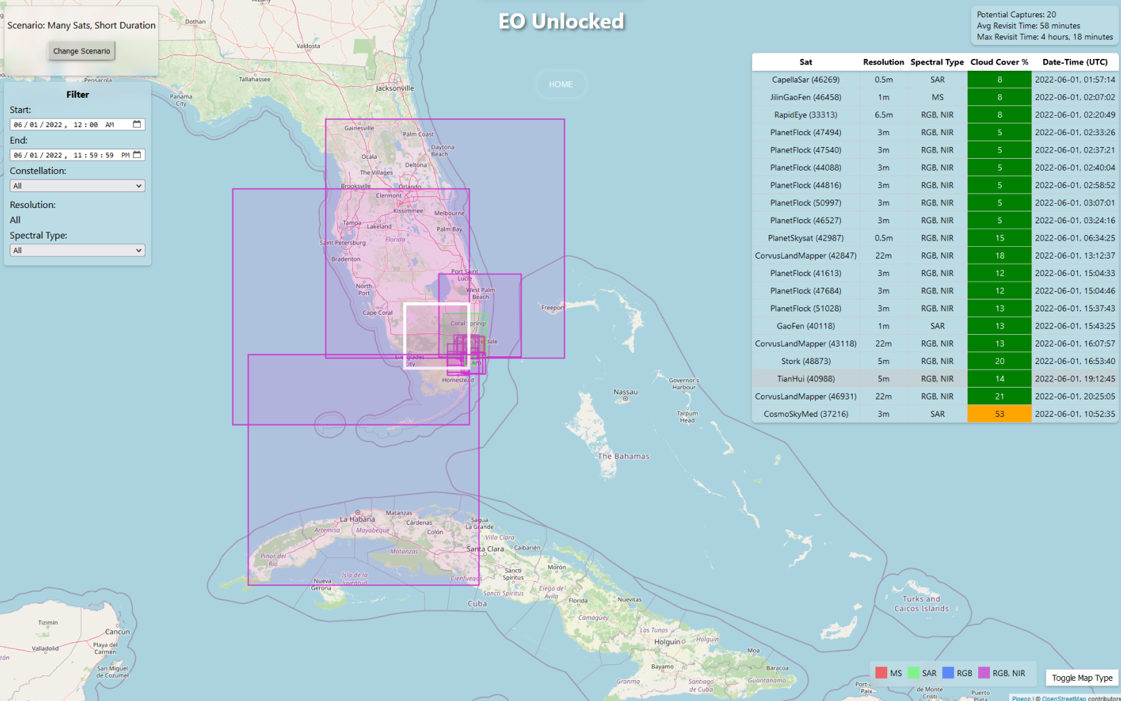 Search Result from EO Unlocked given a lat,lon as well as a timeframe of interest