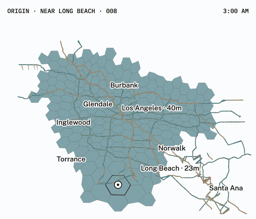Animated Los Angeles freeway time-space cartogram from the Near Long Beach · 008 origin, with color-changing hexagonal catchments, warped traffic-colored freeways, and travel times beside major cities across a typical weekday